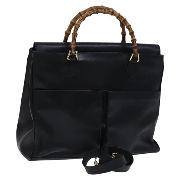 GUCCI Bamboo Hand Bag Leather 2way Black Gold - Picture 1 of 16